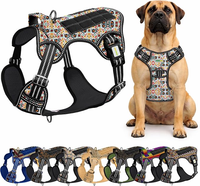 Homapet. Tactical Dog Harness with Dual Leash Attachment Points, Adjustable and Reflective Military Grade Dog Vest with Comfort Control Handle (Floral, M)