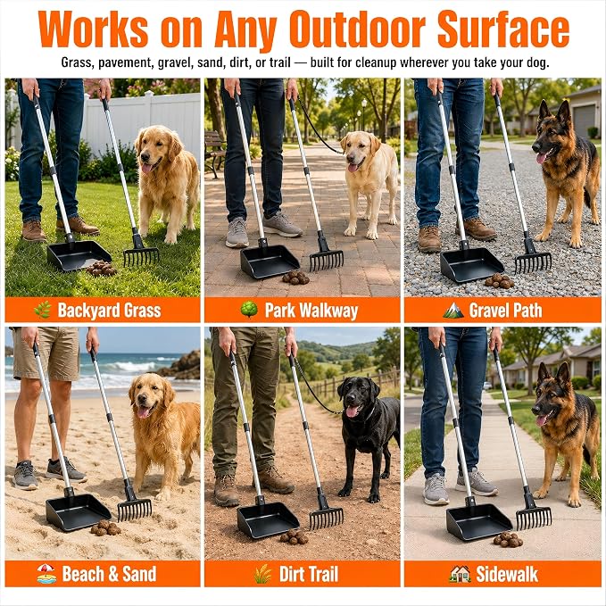 Toozey Extra Large Pooper Scooper for Large Dogs, 43.31" Long Handle | Sturdy Metal Tray & Rake | Cleaner Bag-Supported Pickup | Less Mess in Multi-Dog Yards | Fits Standard 13-Gallon Trash Bags