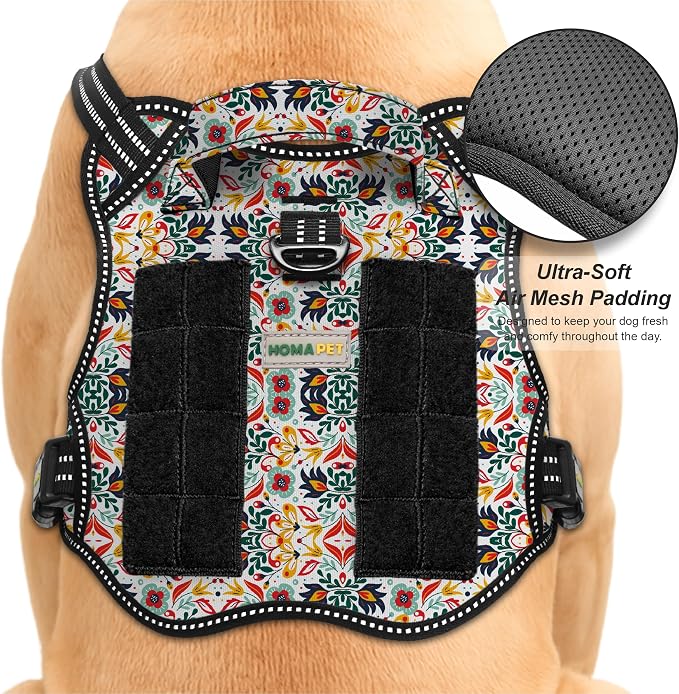 Homapet. Tactical Dog Harness with Dual Leash Attachment Points, Adjustable and Reflective Military Grade Dog Vest with Comfort Control Handle (Floral, S)
