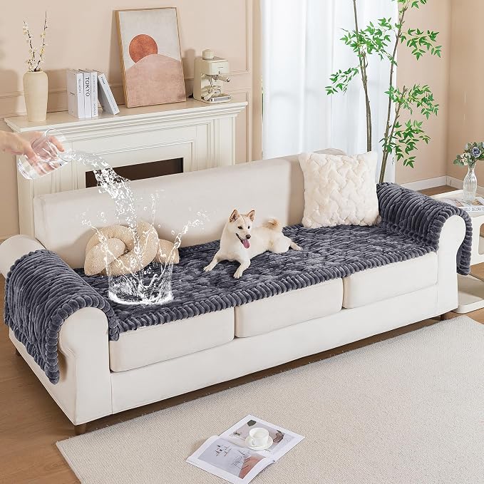 PuTian 100% Waterproof Fuzzy Couch Cover for Dogs Dark Grey 27.6"x27.6" | Pet Friendly Dog Mat for Couch, Waterproof Sofa Protector, Scratch Resistant Furniture Cover for Dogs, Machine Washable
