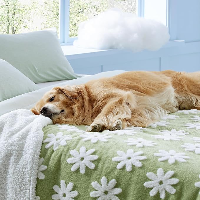 LE SURE Waterproof Blanket for Bed Cute Cozy 3D Jacquard, King（86"x108"） | Dog Blankets for Large Dogs, Pet Aesthetic Gift, Warm Soft Sherpa Throw, Reversible Couch Protector, Flower Garden Green