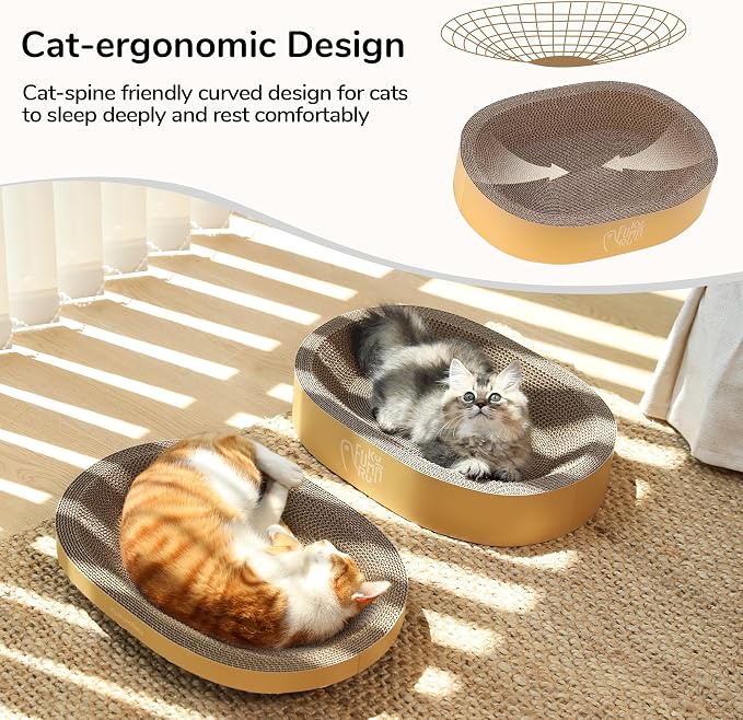 FUKUMARU 3PCS Cardboard Cat Scratcher Bed, Durable Oval Cat Scratch Pads | Round Cats Scratching Board Set, Large Scratcher Box for Indoor Cats, Kitten Scratcher Bowl, Couch Sofa Furniture Protector