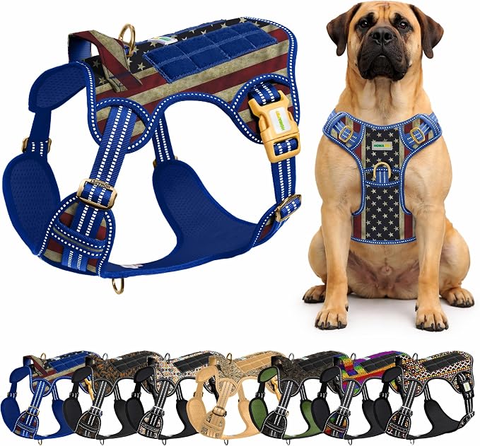 Homapet. Tactical Dog Harness with Dual Leash Attachment Points, Adjustable and Reflective Military Grade Dog Vest with Comfort Control Handle (Us Flag, M)
