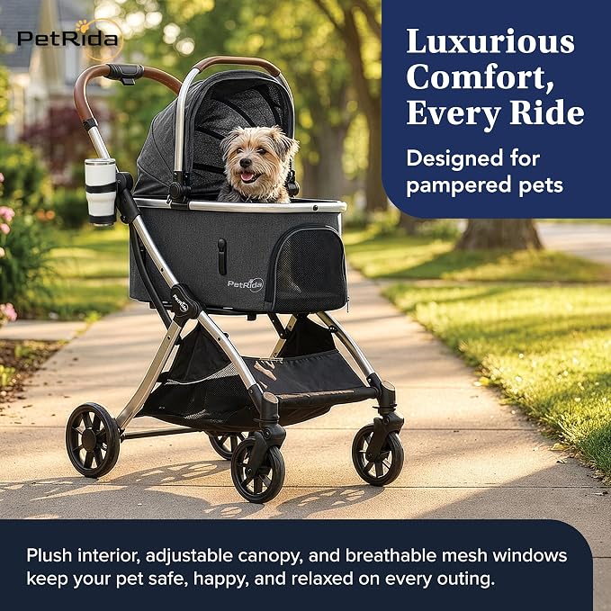 Luxury Pet Stroller with Detachable Carrier | Lightweight Design with Easy One-Hand Fold & Spacious Storage Basket | Safe & Comfortable Travel for a Small to Medium Dog or Cat, Gray