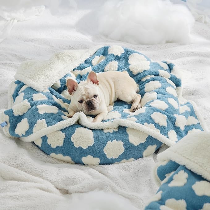 LE SURE Waterproof Dog Blankets for Medium Dogs Cute 3D Jacquard,30x40 | Puppy Blanket for Cat Aesthetic Gift, Warm Soft Sherpa Throw Washable, Reversible Pet Couch Protector, Cozy Clouds Blue