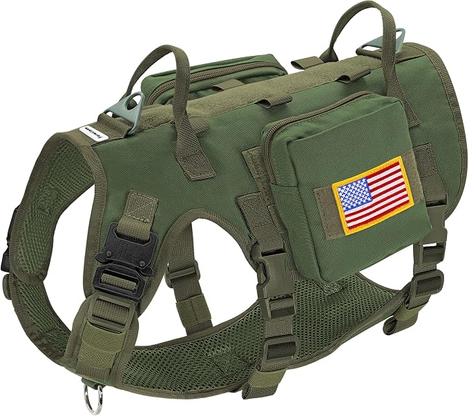 Forestpaw Tactical Dog Harness Pouches and Patches Set,L,Green | Adjustable Fits 27-40" Chest,70-140 lbs,No Pull Military Style Service Dog Vest for Daily Walking Training,Medium Large Dogs
