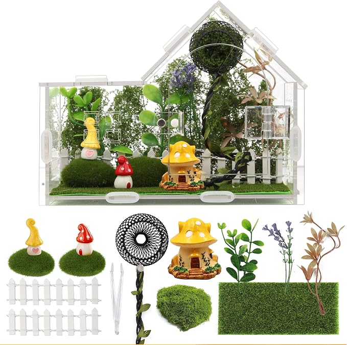 Acrylic Jumping Spider Enclosure Kit 16PCS with Decor | 16-pc mossy forest decor with mushrooms, stones, hideout, for mantis & tarantula