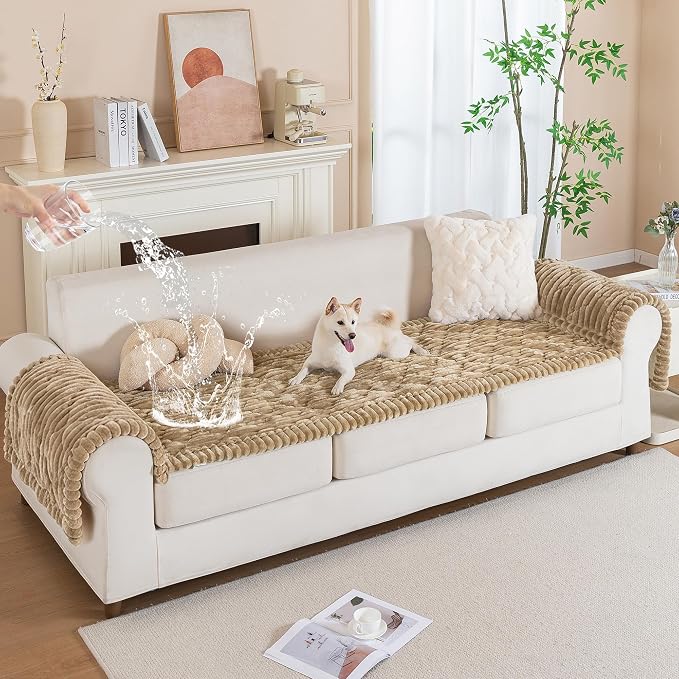 PuTian 100% Waterproof Fuzzy Couch Cover for Dogs Khaki 27.6"x27.6" | Pet Friendly Dog Mat for Couch, Waterproof Sofa Protector, Scratch Resistant Furniture Cover for Dogs, Machine Washable