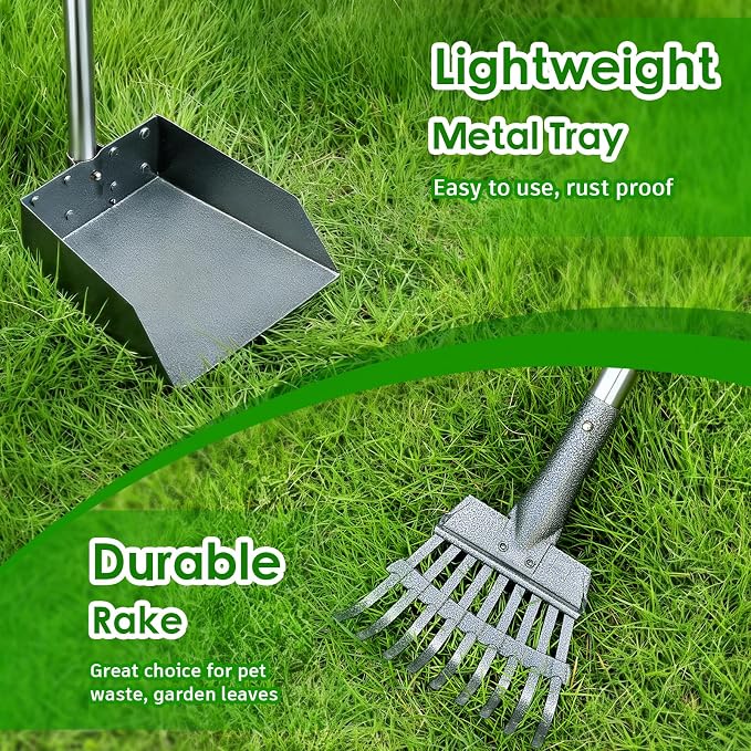 Pooper Scooper, Long Handle Pet Supplies Dog Pooper Scooper with Stainless Metal Tray and Rake for Large Medium Small Dogs Heavy Duty, Use on Grass, Dirt or Gravel
