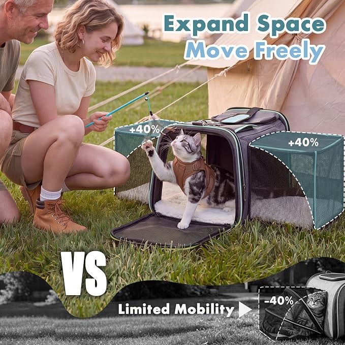 Expandable Cat Carrier for Cats and Small Dogs, Airline Approved Under-Seat with Double-Side Extension, Durable 600D Fabric Internal Frame, Ventilated with Safety Leash, Blue