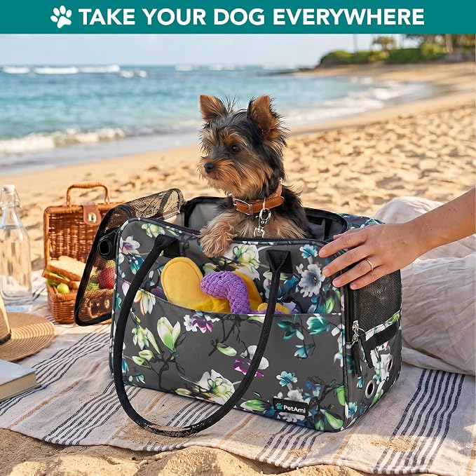 PetAmi Dog Purse Carrier for Small Dogs Cats, TSA Airline Approved Soft-Sided Pet Carrier with Pockets, Ventilated Travel Tote Bag with Bed & Shoulder Strap, Puppy Kitten, Max 12 lbs, Floral Gray