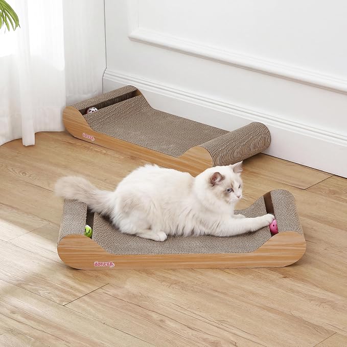 Rini 23.75" Modern Cardboard Cat Scratcher Lounge Bed with Built-in Bell Toys and Catnip, Ergonomic Curved Sofa Design, Oak Wood Finish, Set of 2 CSR1003C-SET2