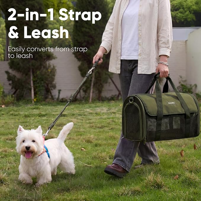 FUKUMARU Cat Carrier, Light & Airy Pet Carrier, 18x11x11 Airline Approved Dog Carrier for Small Dogs, 2-in-1 Shoulder Strap Leash, Collapsible Soft Cat Travel Carrier with Anti-Scratch Mesh, Green
