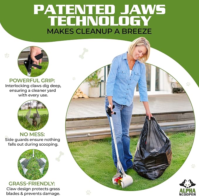 Dog Pooper Scooper for Yard - 38" Lightweight Ergonomic Handle, Rust-Resistant Aluminum, Jaws Technology Poop Scooper for Dogs
