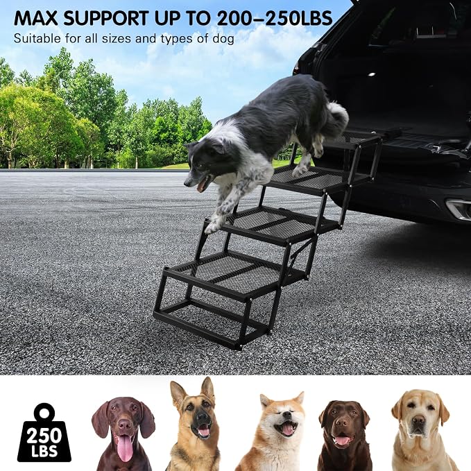 DGSL Folding Dog Stairs for Car, Mesh 16.9" Wide 4-Step Non-Slip Pet Steps | Portable Pet Stairs for Vehicle Access, Large Dogs, SUVs, Trucks and Home use