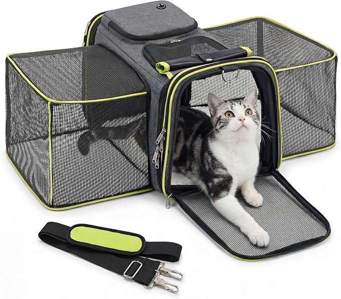 Large Expandable Cat Carrier, Airline Approved with Ventilated Top Side Panels, Durable Chew-Resistant 600D Fabric, for Cats and Small Dogs, Car Airplane Travel, Green