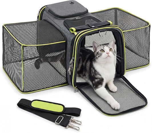 Large Expandable Cat Carrier, Airline Approved with Ventilated Top Side Panels, Durable Chew-Resistant 600D Fabric, for Cats and Small Dogs, Car Airplane Travel, Green