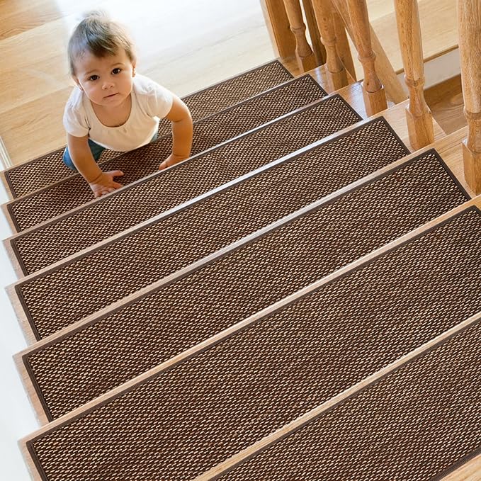 Stair Treads Non Slip for Wooden Steps Indoor 9" x 36" 8 Pack Extra Wide Stair Tread Carpet Stairs Runner, Step Pads with Reusable Adhesive for Dogs Kids Elders, Machine Washable, Brown