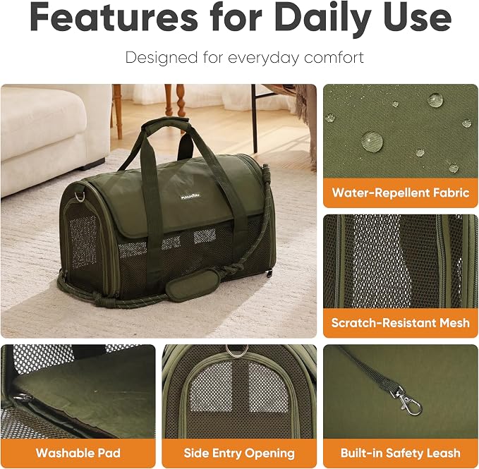 FUKUMARU Cat Carrier, Light & Airy Pet Carrier, 18x11x11 Airline Approved Dog Carrier for Small Dogs, 2-in-1 Shoulder Strap Leash, Collapsible Soft Cat Travel Carrier with Anti-Scratch Mesh, Green