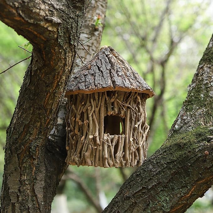 Twig-Covered Cylinder Birdhouse Squirrel House, 2.4" Entry for Medium Birds, Natural Branch Exterior & Waterproof Interior, Woodland Garden Backyard Decor