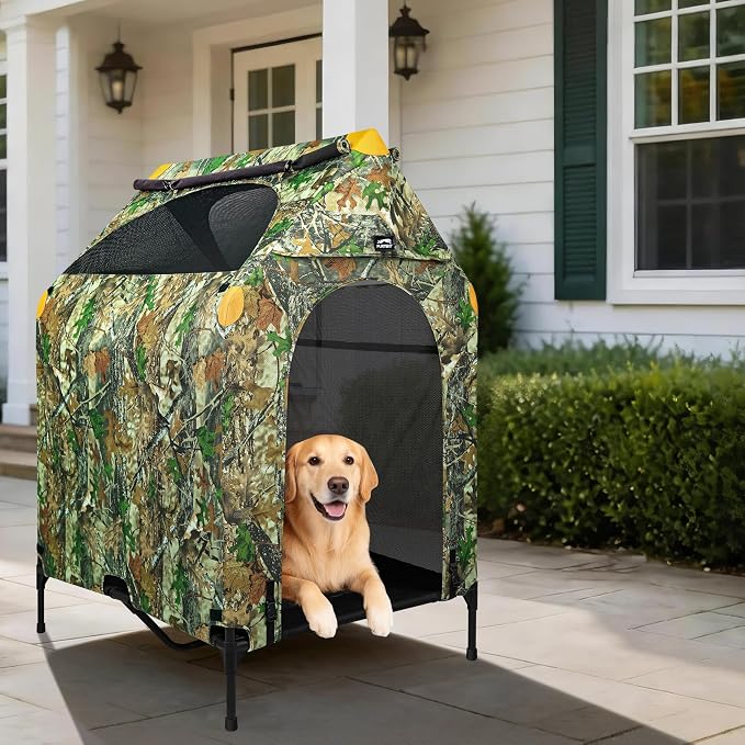 Privacy Outdoor Dog House & Elevated Bed 2-in-1, UPF50+ Sun Rain Protection, Breathable Camping Pet Tent with Cover, Portable for Indoor & Backyard Use（S）