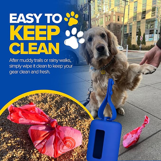 Dog Poop Bag Dispenser with 15 14" Bags Capacity – Blue Silicone Dog Poop Bag Holder for Leash | Durable, Portable & Refillable Waste Bag Case | Only Fits Waste Happy bags