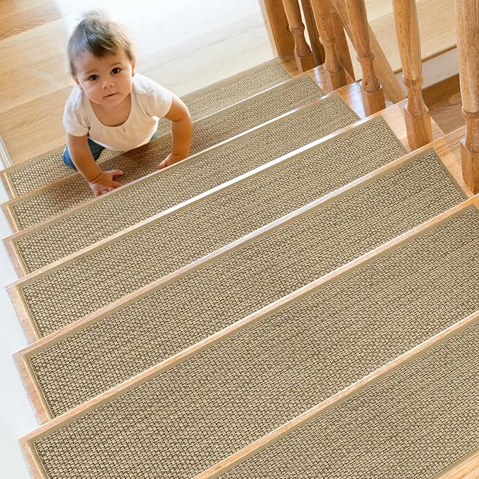 Stair Treads Non Slip for Wooden Steps Indoor 9" x 30" 4 Pack Extra Wide Stair Tread Carpet Stairs Runner, Step Pads with Reusable Adhesive for Dogs Kids Elders, Machine Washable, Beige