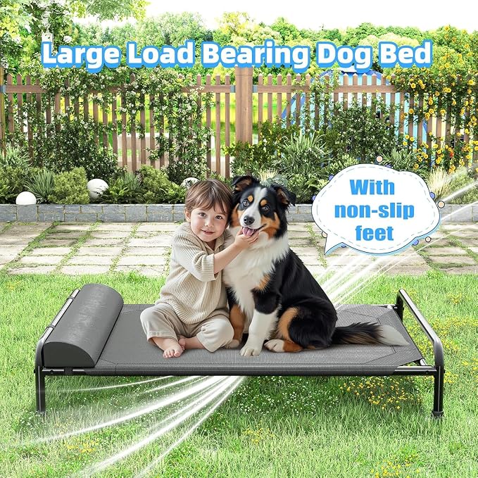 Simple Trending Elevated Dog Bed for Large Dogs, Cooling Raised Pet Cot with Bolster, Breathable Outdoor Couch Bed, 44.5" x 31", Black | Cooling Raised Pet Cot with Bolster, Dog Couch Cot for Indoor Outdoor, Breathable Mesh, Waterproof, Non-Slip Feet