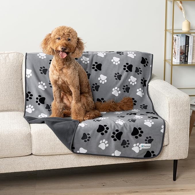 PetAmi Waterproof Dog Blanket for Extra Large Pets Dogs Cats, Large Pet Couch Cover Protector for Furniture, Reversible Washable Soft Fleece Cat Blanket for Bed Couch Sofa, 60x80 (Paw Print Gray)
