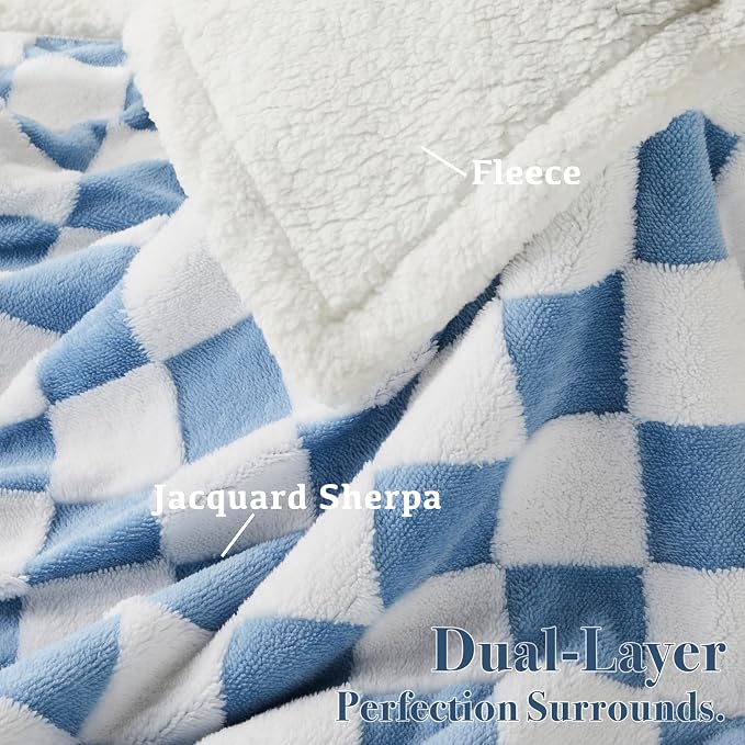 Ohocut Checkered Dog Blanket, Blue Jacquard Sherpa Blankets for Small Dog and Cats, Cute Aesthetic Style Fluffy Fleece Pets Blanket for Couch Protection Washable, 40"x50"