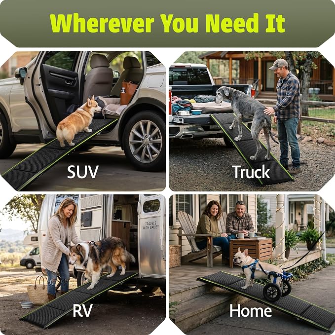 Foldable Dog Ramp for Cars, Trucks & SUV - 63” Long, 250 LB Capacity | Reflective Edges, Flirt Pole and Built-in Carry Handle Included.