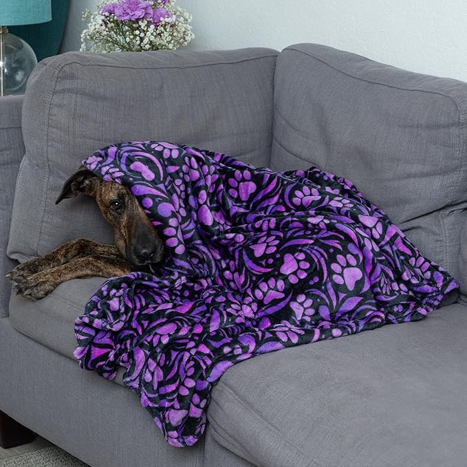 Pet Dog Cat Blanket Ultra Soft Cozy Fleece Paw Print Design Machine Washable Durable for Crates Beds Sofas Travel (Purple Paw Symphony, Medium)
