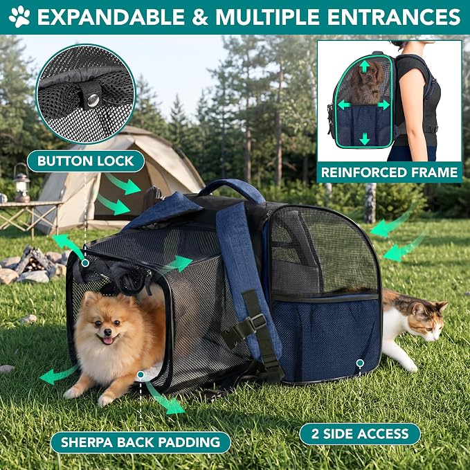 PetAmi Expandable Dog Backpack Carrier for Cats & Pets, Breathable Cat Carrier Backpack with Top Window & Multi-Entry, Ventilated Foldable Travel Carrier for Small Medium Pets up to 18 lbs, Navy