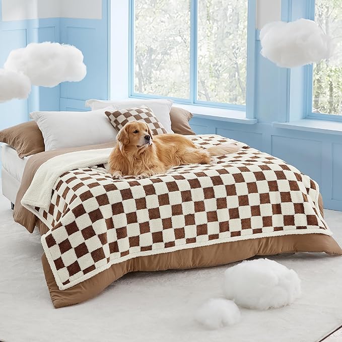 LE SURE Waterproof Blanket for Bed Cute Cozy 3D Jacquard, Twin（60x80） | Dog Blankets for Large Dogs, Pet Aesthetic Gift, Warm Soft Sherpa Throw, Reversible Couch Protector, Brown Checks