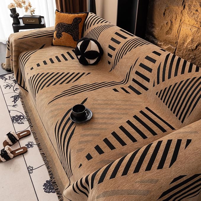 VClife Boho Couch Cover Washable Sectional Sofa Cover, Pet Couch Cover for Loveseat Versatile Coffee Black Geometry Sofa Throw Cover for L-Shape Sofa - Anti Slip Couch Sofa Cover for Dog 71"x118"