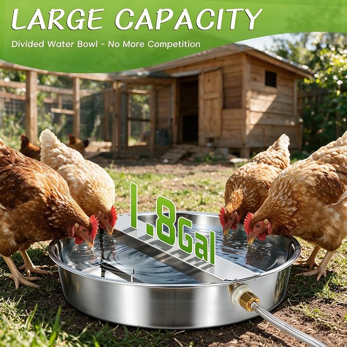 1.8 Gal Automatic Animal Drinking Water Bowl, Wide‑Opening Bowl | Divided Large Water Bowl, Stainless Steel Heavy-Duty, for Dogs Pets Chicken Duck Goat