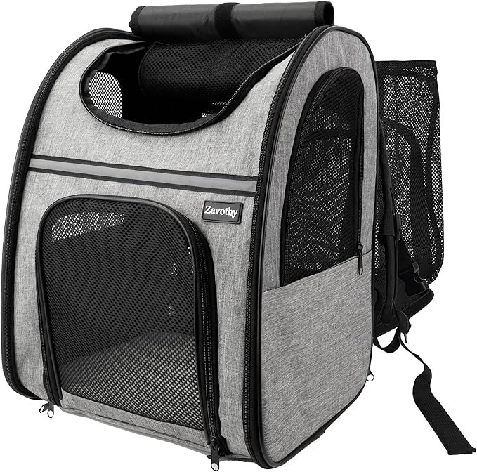 Zavothy Cat Backpack Carrier – Expandable Airline Approved Pet Travel Bag for Cats & Small Dogs, Breathable Mesh Pet Carrier Backpack with Padded Base (Grey)