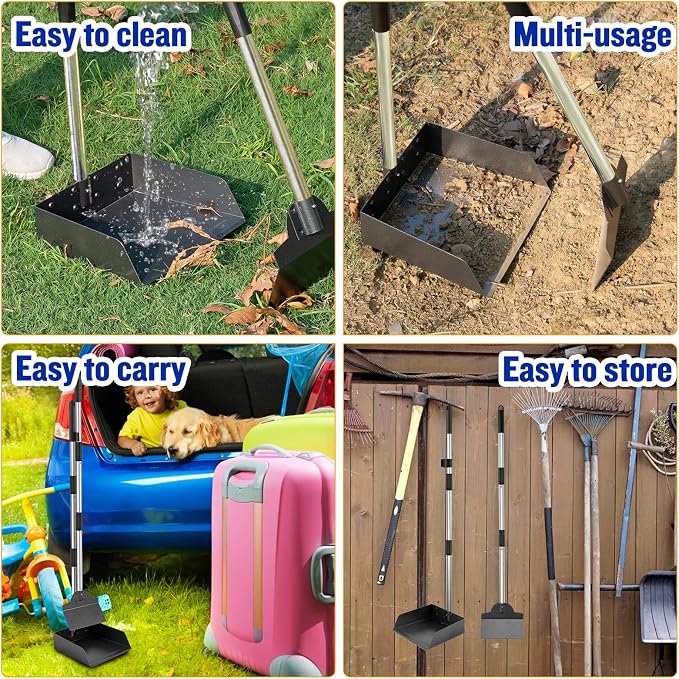 Dog Pooper Scooper for Large Dogs, 3 Pack Adjustable Long Handle Metal Tray, Rake and Spade Poop Scoop with Bin for Pet Waste Removal, No Bending Clean Up for Medium and Large Dogs