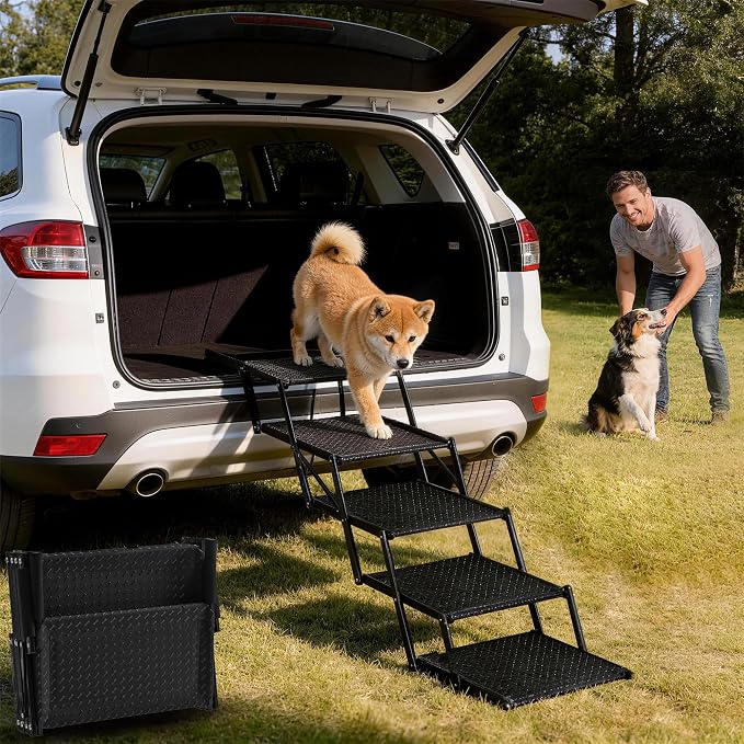 Dog Stairs for Car, Foldable 5-Step Pet Stairs for Senior & Small Dogs | Non-Slip Surface, Lightweight Dog Steps for SUV, Truck, Bed, Supports 200 lbs