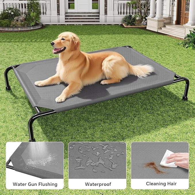 Simple Trending Raised Dog Bed for Large Dogs, Waterproof Elevated Dog Cot | Cooling Breathable Pet Hammock Bed, Washable Mesh, Indoor or Outdoor Use, Anti-Slip Feet, Portable, 47.75" x 30.5", Dark Grey