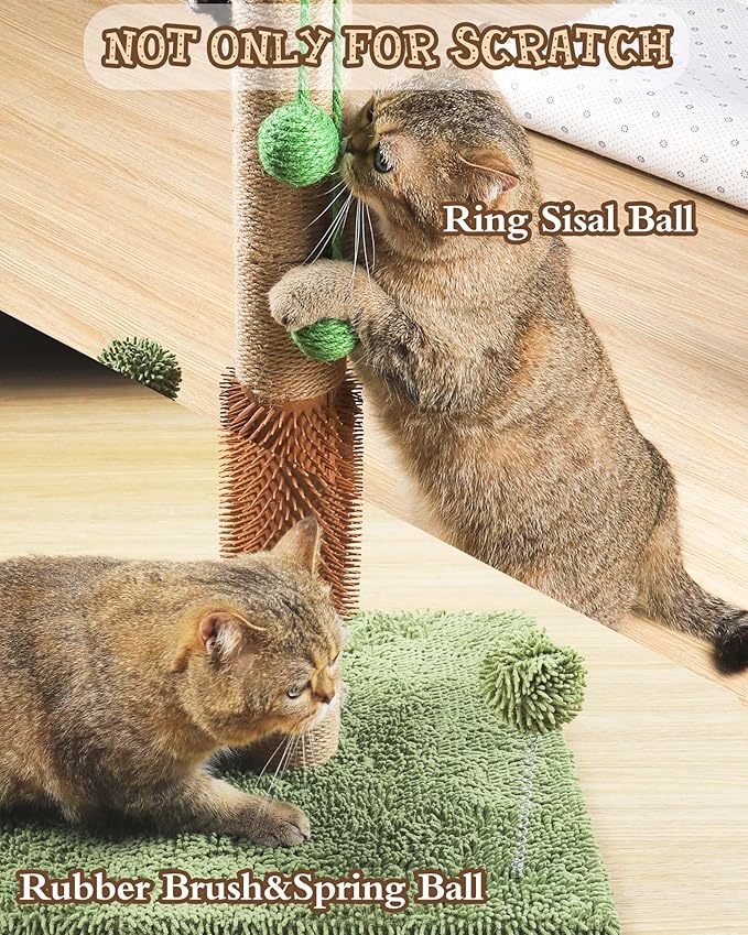 ANWA 35" Tall Cat Scratching Post for Kitten and Large Cats, Scratching Post for Indoor Cats with Self-Grooming Rubber Brush, Cat Sisal Post with Simulated Leaves