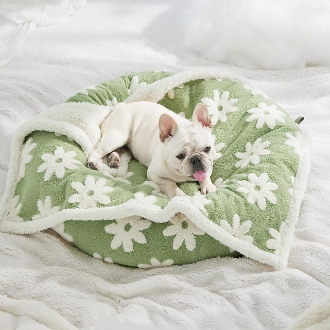 LE SURE Waterproof Dog Blankets for Medium Dogs Cute 3D Jacquard,30x40 | Puppy Blanket for Cat Aesthetic Gift, Warm Soft Sherpa Throw Washable, Reversible Pet Couch Protector, Flower Garden Green