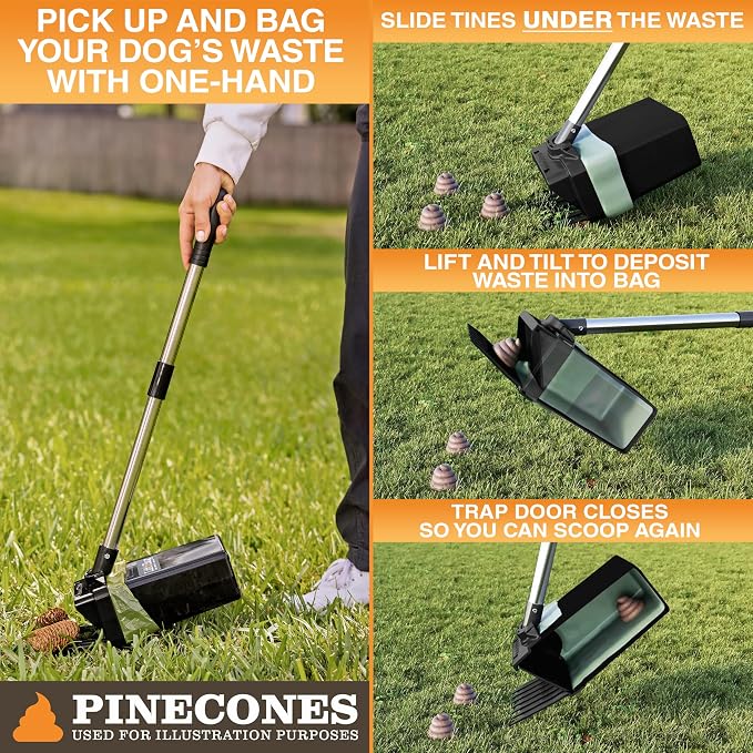Neater Pet Brands Lift N’ Bag 2.0 Dog Pooper Scooper with Bag Attachment & 31" Pole for Small to Large Dogs, New Longer Pole, 60 Refill Bags, Heavy Duty Dog Poop Scooper for Yard, One-Hand Use