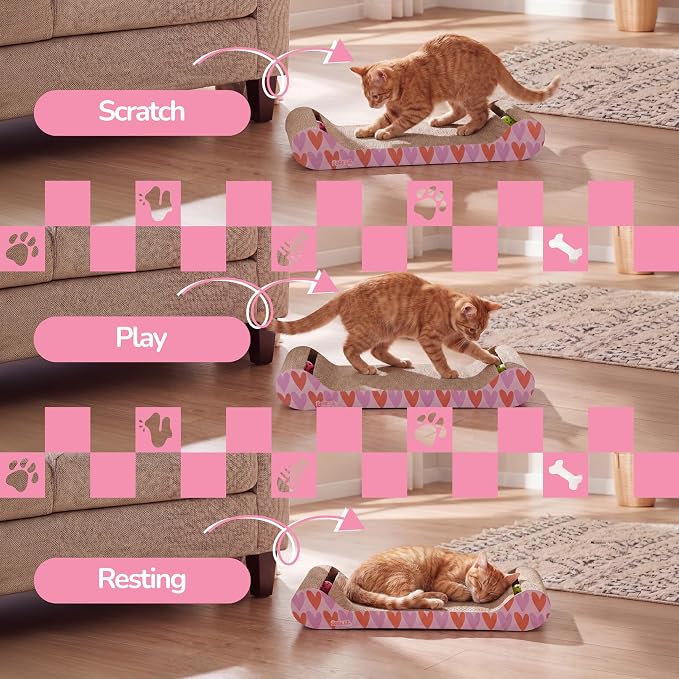 Rini 23.75" Modern Corrugated Cardboard Lounge Bed with Built-in Bell Toys and Catnip, Ergonomic Curved Sofa Scratcher for Indoor Cats, Pink/Red, (Set of 2) CSR1003D-SET2