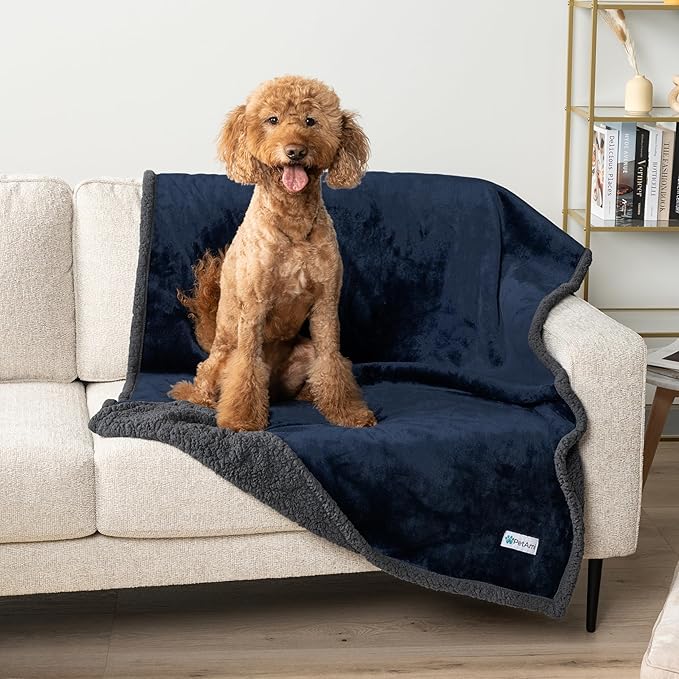 PetAmi Waterproof Dog Blanket for Medium Large XL Dog Puppy Cat Throw for Couch Cover Leakproof Protection, Sherpa Fleece, Reversible Soft Washable 80x60 Navy Gray