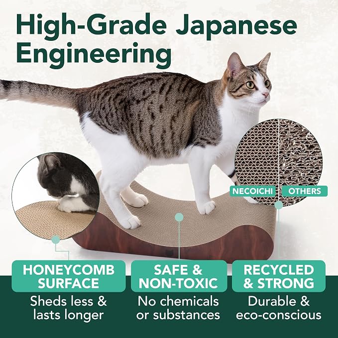 Necoichi Cardboard Cat Scratcher Bed for Indoor Cats - Cat Scratching Board, Horizontal Cat Scratch Pad Lounger with Reversible Usability and Extra Comfort for Lounge, Curved (Regular, Dark Cherry)