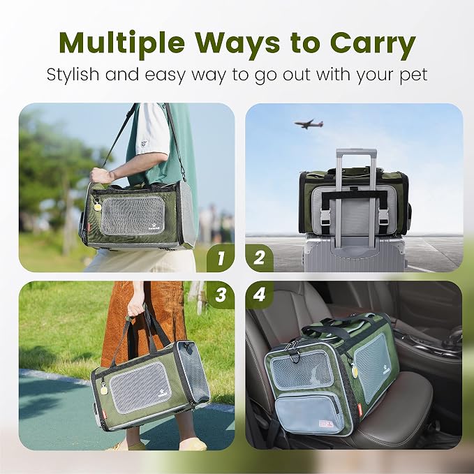 Pawaii Cat Carrier Airline Approved Expandable Breathable Safety Leash | Up to 13 lbs, 16.9 x 10.6 x 10.6 in, QR pet ID tag, top entry, luggage sleeve, soft fleece pad, foldable storage