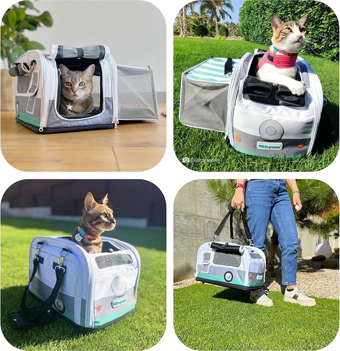 Kittyrama Soft-Sided Airline Approved Cat Carrier with Expandable Hideaway | Escape-Proof SBS Self-Locking Zippers | 22 lb Capacity | Vet Approved | Top & Side Entry | 17×11×11 in