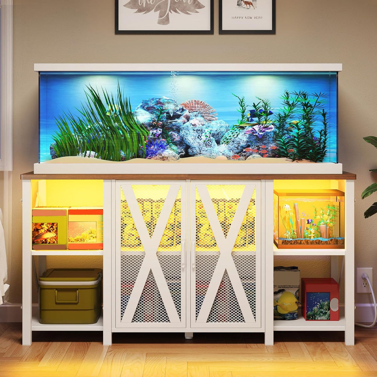 DWVO 75-120 Gallon Aquarium Stand with Power Outlet & LED Light, Cabinet for Accessories Storage - Heavy Duty Metal Fish Tank Stand Suitable for Turtle Tank, Reptile Terrarium, 2000LBS Capacity, White