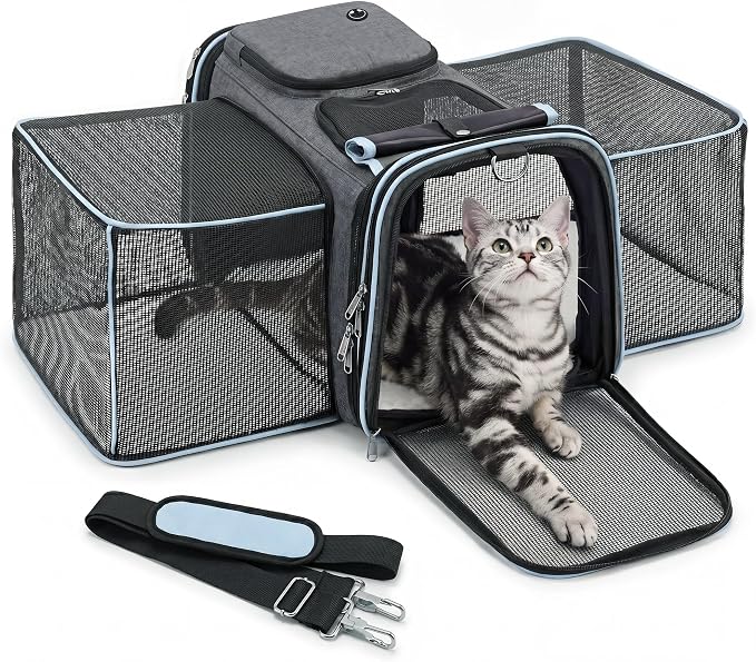 Expandable Cat Carrier for Cats and Small Dogs, Airline Approved Under-Seat with Double-Side Extension, Durable 600D Fabric Internal Frame, Ventilated with Safety Leash, Blue